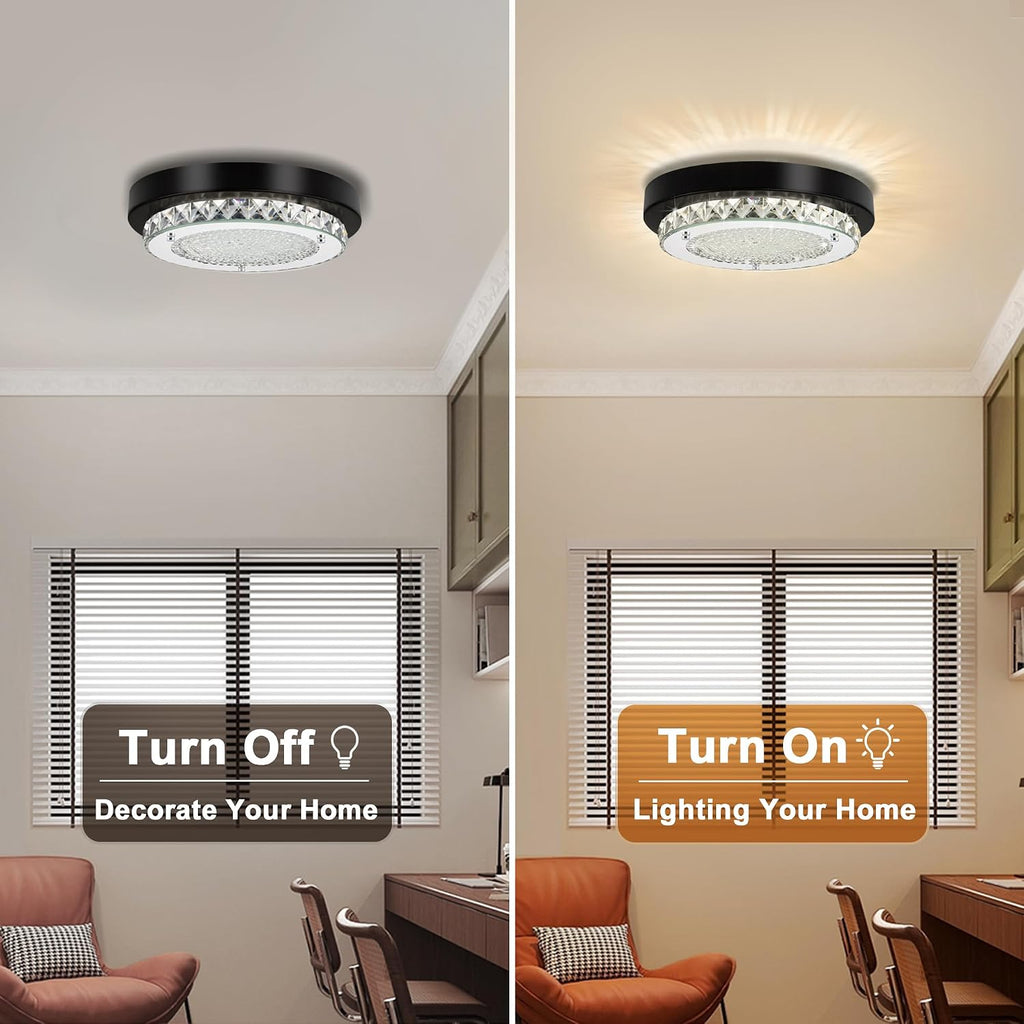 Flush Mount Ceiling Light Small Crystal LED Hallway Ceiling Lighting 10'' | 4000K, Dimmable, Mini, Black Crystal