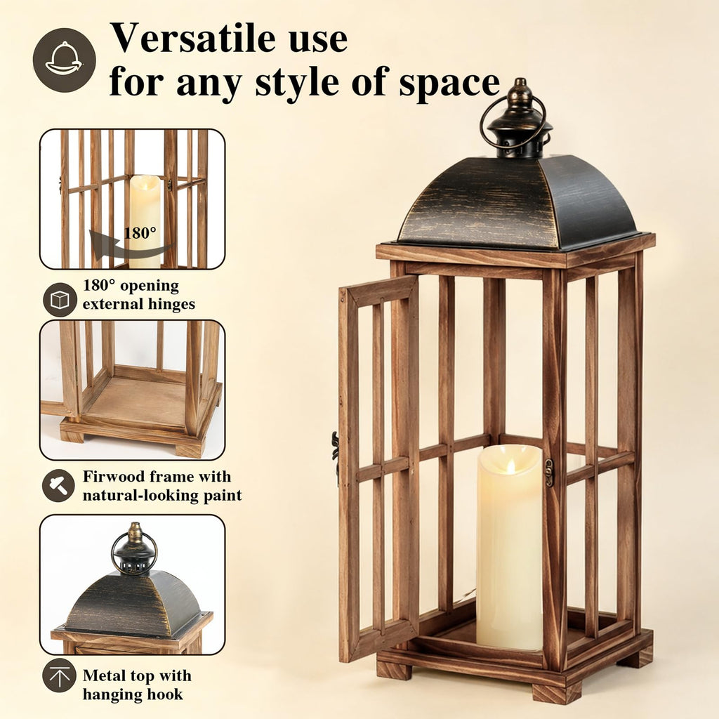Large Decorative Lanterns, 2 Pack Farmhouse Wood Lanterns Indoor Outdoor
