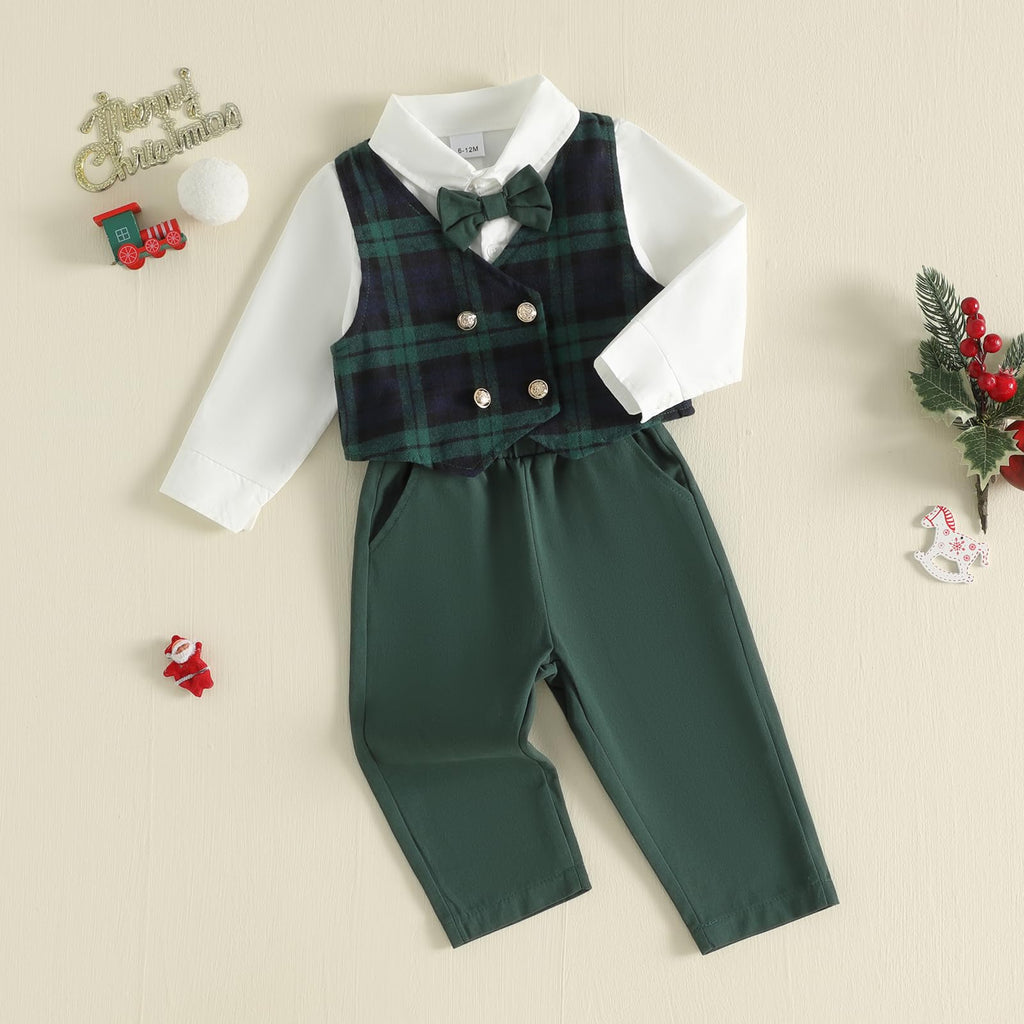 Toddler Boy Suit Christmas Gentleman Outfit Bow Tie Plaid Vest Button Down Shirt Elastic Pants Xmas Formal Outfits