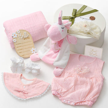 Newborn Baby Girl Gift Set 9PCS, Baby Shower Gift Box with Onesie Blanket Hand Puppet, Newborn Essentials for Baby