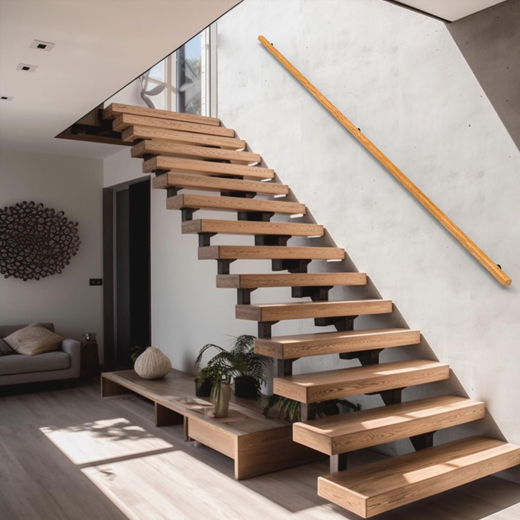8FT Wood Stair Handrails Wall Mount, Hand Railings for Stairs Indoor Outdoor, Non-Slip Staircase Handrail for