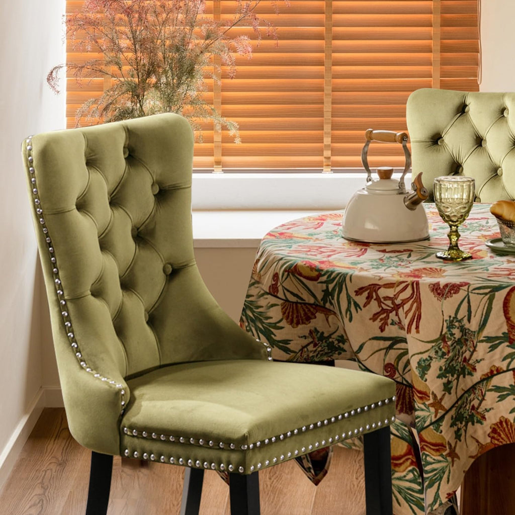Velvet Upholstered Dining Chairs Set of 2, Modern Style Kitchen Side Chairs with Nailhead Trim and Wood Legs,Metal