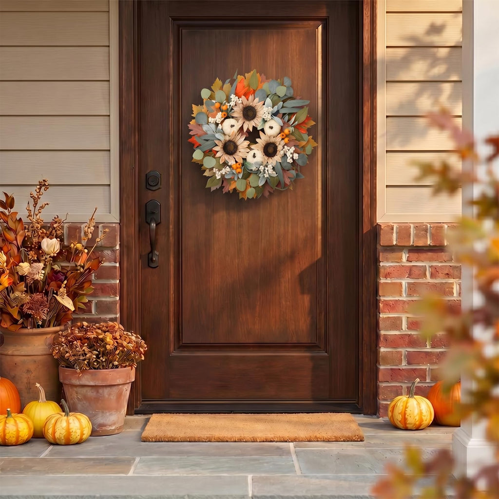 22" Fall Wreaths for Front Door with Pumpkin Sunflower Maple Leaf
