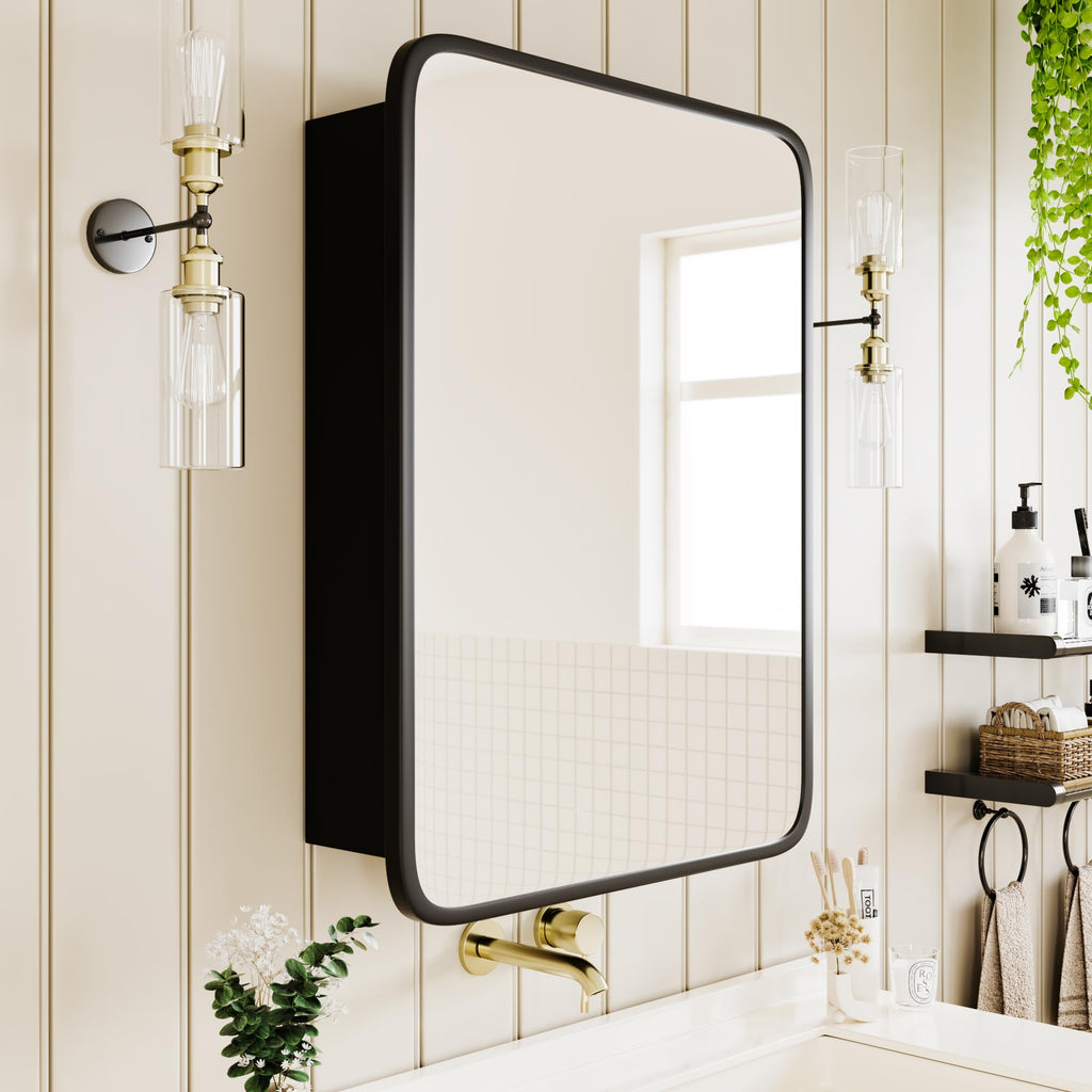 Medicine Cabinet with Black Metal Frame Mirror, Overall 20"x30"