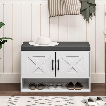 Farmhouse Shoe Storage Bench, Wooden End of Bed Bench, Shoe Storage Cabinet with Seat Cushion, Adjustable Shelf and