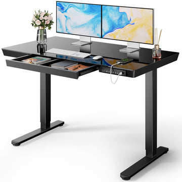 Glass Standing Desk with Drawer, 48 x 24 inch Electric Standing Desk, Height Adjustable Desk with One-Piece Tabletop