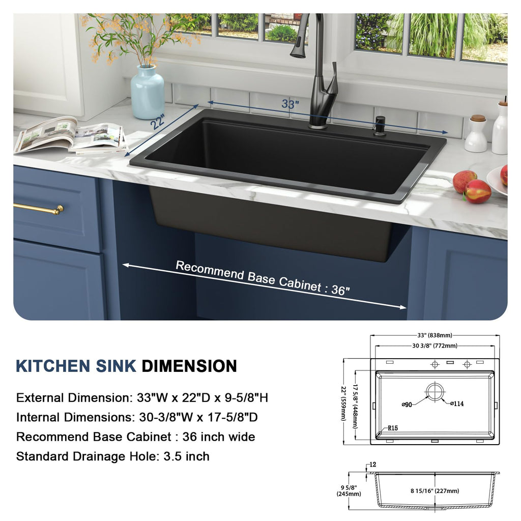 33 Granite Composite Drop In Black 33x22 Workstation Topmount Sink Matte Black Quartz Above Counter Single Bowl Sink