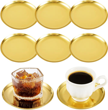 Gold Drink Coaster Stainless Steel Metal Cup Mat Flat Round MCM Style Gold Coasters for Wedding Drinks Coffee - Set of 6