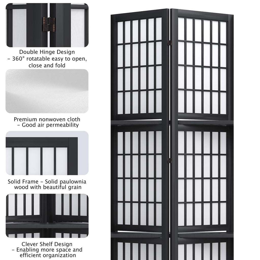 5.6FT Room Divider and Folding Portable Partition Screen, Chinese Japanese Shoji Style with Three Display Shelves for