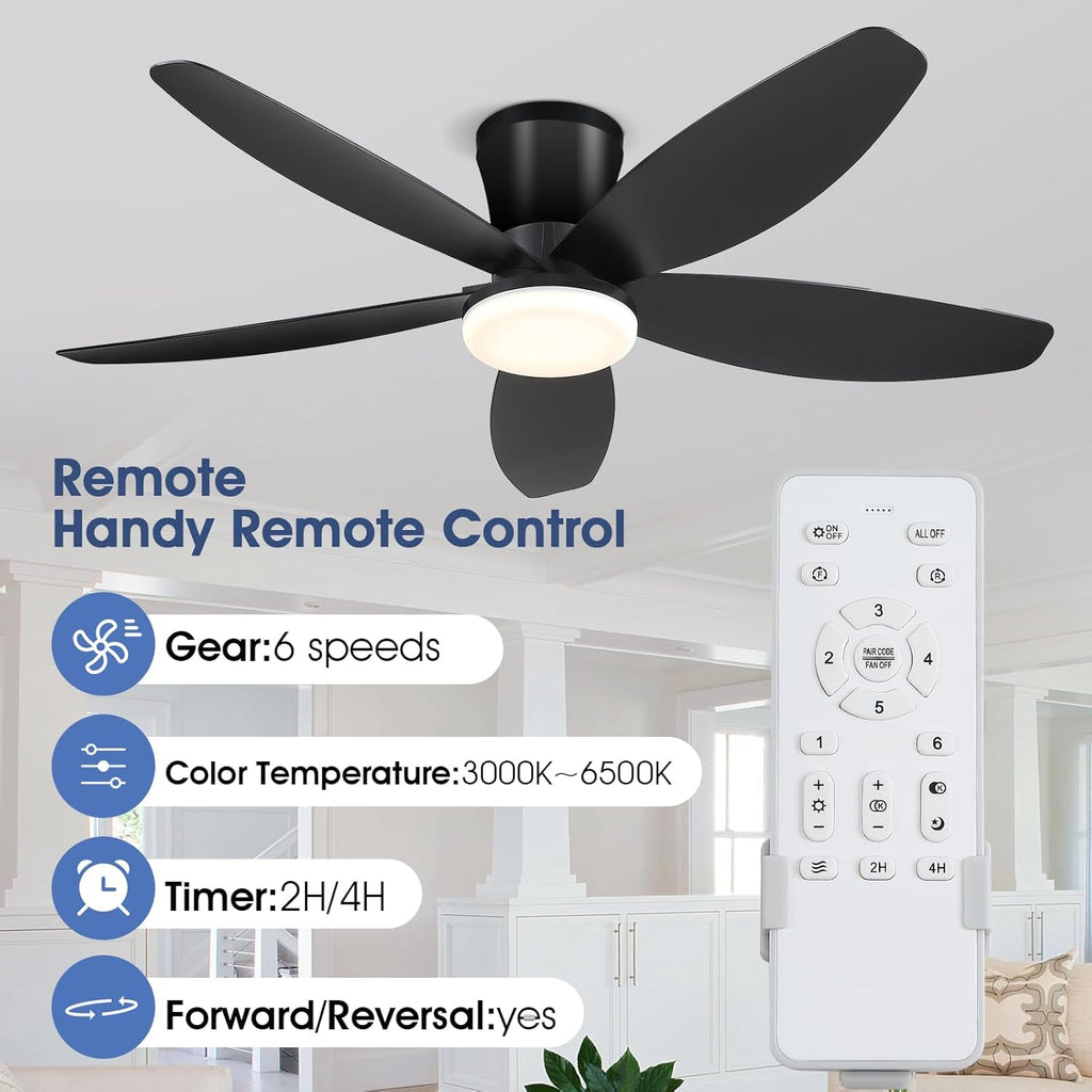 42" Ceiling Fans with Lights-Low Profile Ceiling Fan with Light and Remote/APP Control,Flush Mount,DC Reversible,LED Dimmable Black Ceiling Fans for Bedroom,Indoor/Outdoor Patio Use A101-B0CZHJSH4W