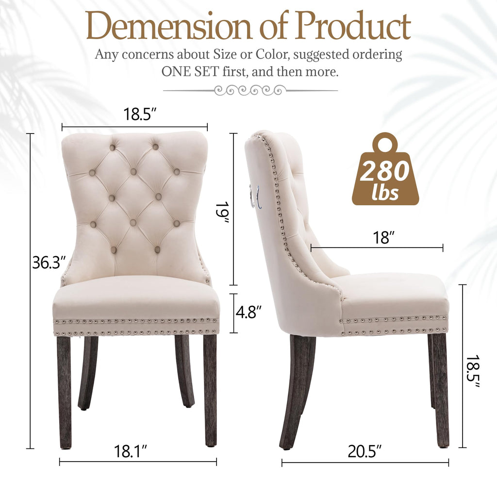 Beige Velvet Dining Chairs Set of 2, Elegant Tufted & Nailhead, Wood Legs
