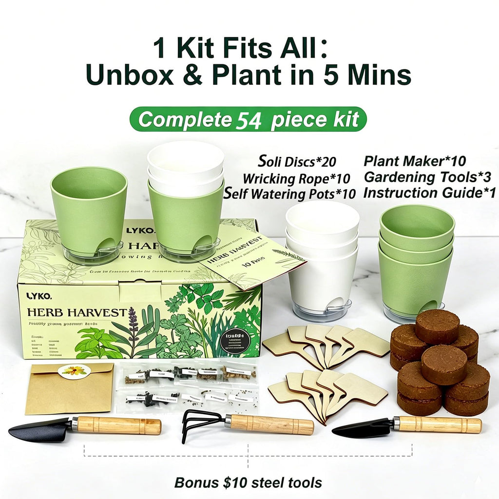 10 Indoor Herb Garden Kit, 54pcs Complete Kitchen Herb Starter Set Including 2-Color Self Watering Pots, Soil &