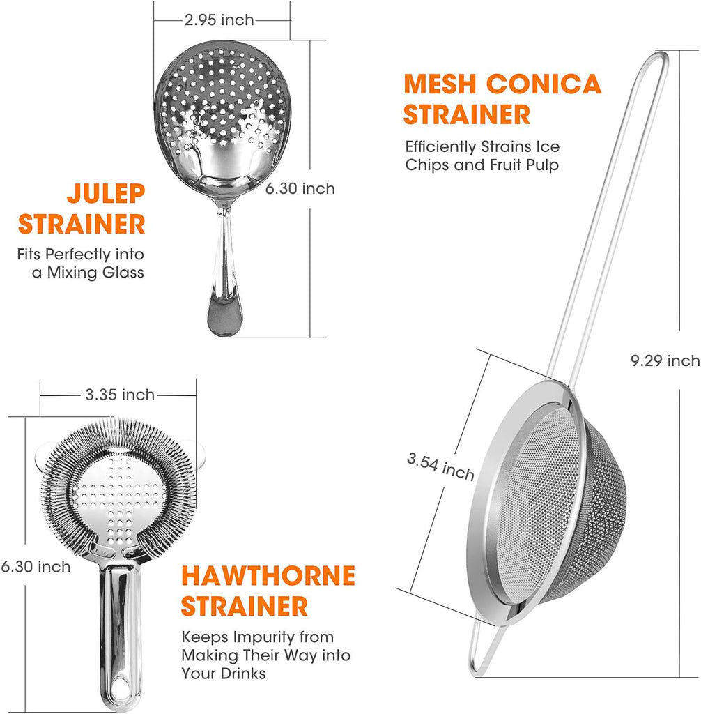 Cocktail Strainer-Stainless Steel Bar Tools Bartender Cocktail Strainer Set:Hawthorne Strainer,Julep Strainer - Set of 3