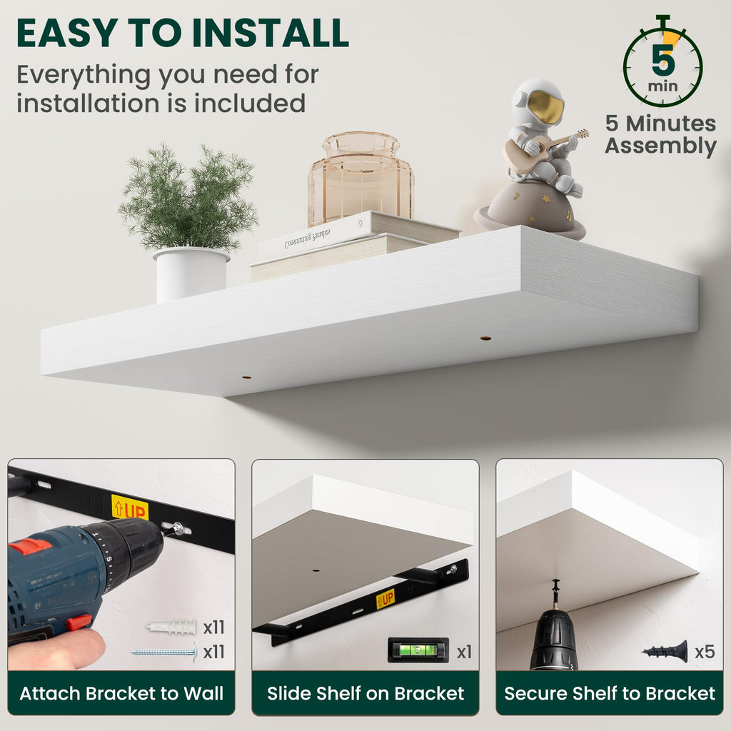 Floating Shelves for Wall, 16 Inch x 8 Inch Deep Wall Mounted Wood Shelf with Invisible Brackets for Storage &