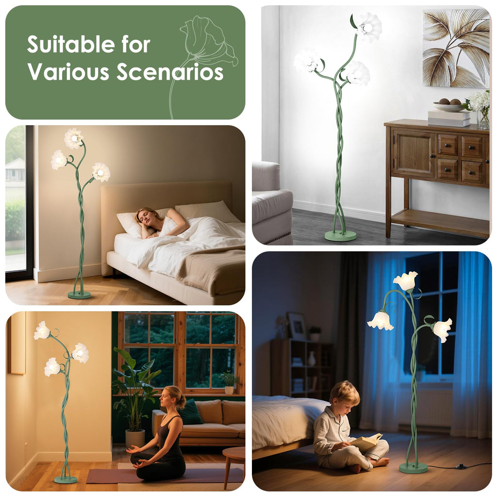 Floor Lamp, 3 Lights Green Flower Lamp, Modern Tall Standing Lamp with 3 Color Temperatures Flexible Gooseneck, Mid