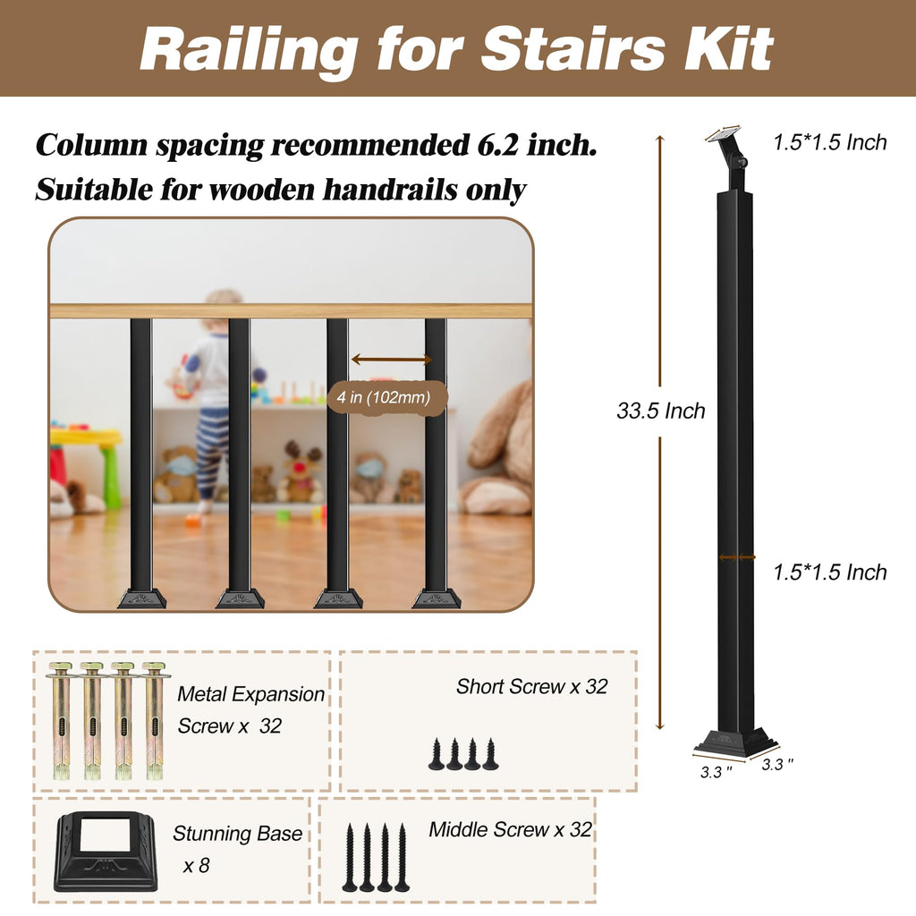 Indoor Stair Railing Kit, 8 Pack Black Railing Post Kit for Stair Indoor