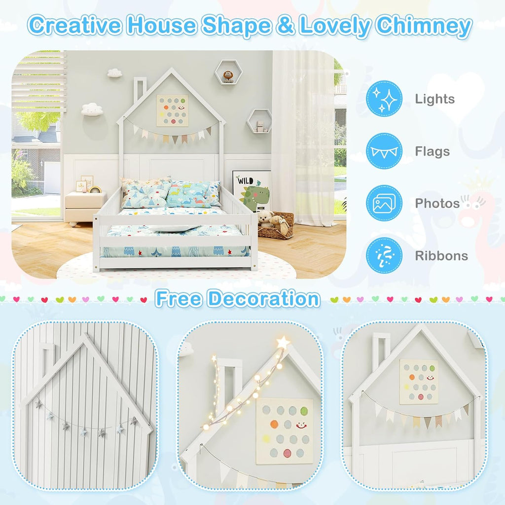 Floor Bed, House-Shaped Montessori Bed Frame with Headboard, Full-Length Guardrail, Chimney & Solid Wood