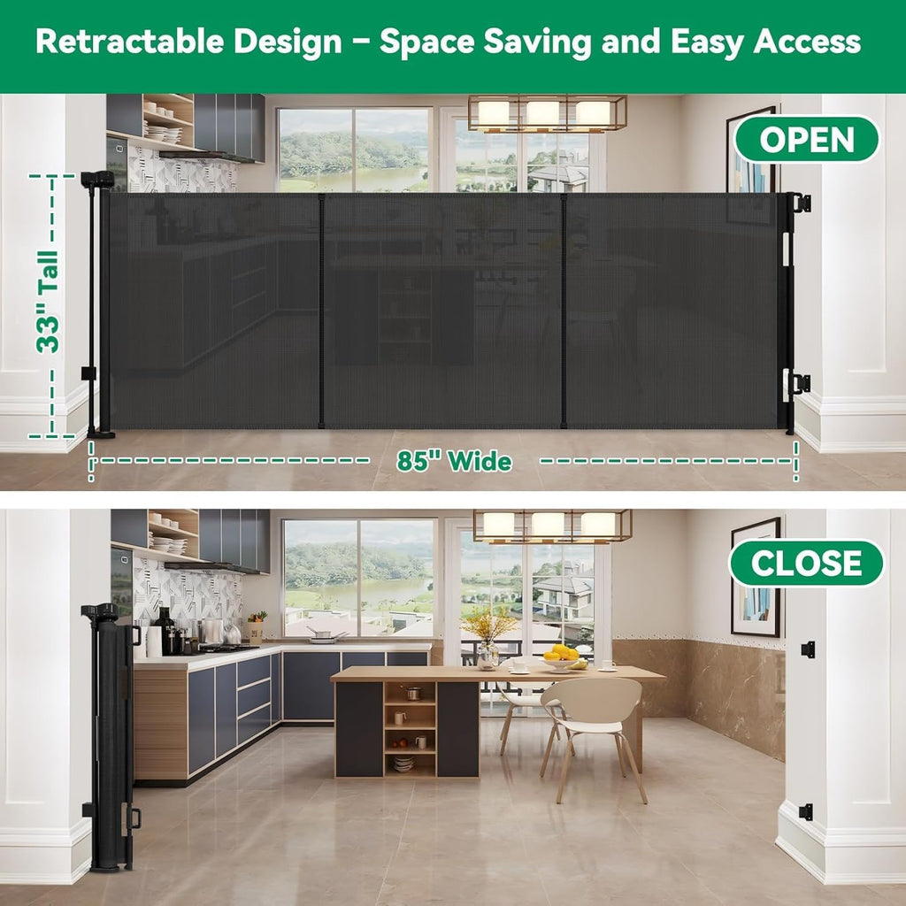 Reinforced 85" Wide Retractable Baby Gates Extra Wide Dog Gate, Black