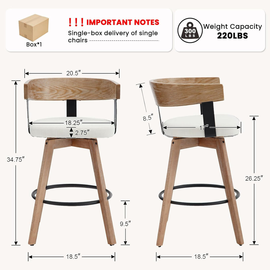 Swivel Bar Stools Set of 2, 26" Counter Height Bar Stool with Footrest Modern Wood Barstools with Linen Upholstered