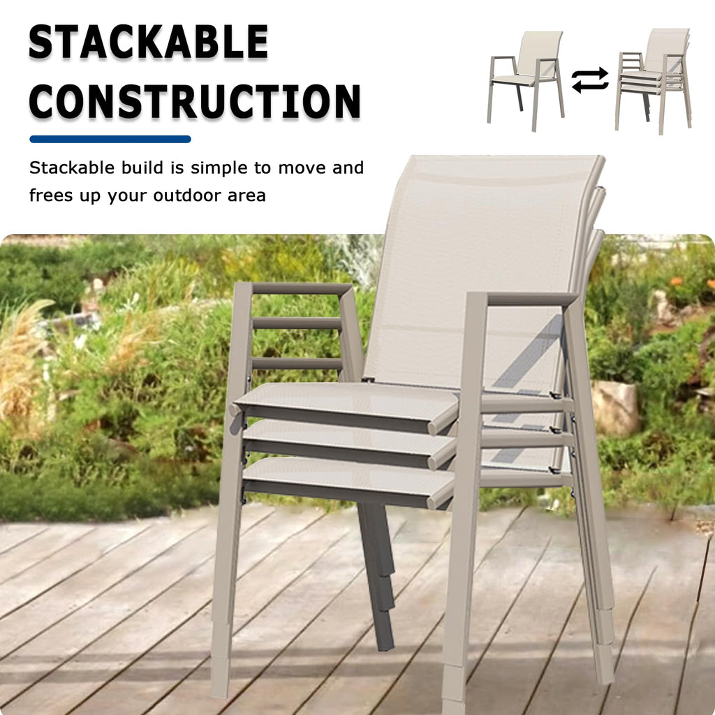 Outdoor Patio Chairs Set of 6, Ivory Beige Stackable Outdoor Chairs, Lightweight Patio Set with High Back, Metal