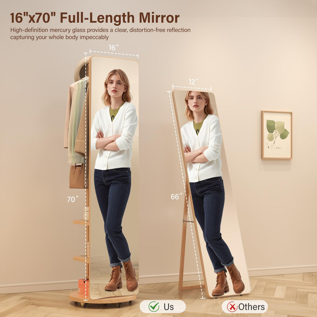 Solid Wood Full Length Mirror Coat Rack, 70" x 20" Oversize Standing Mirror Full Length with Brake Wheels, Floor