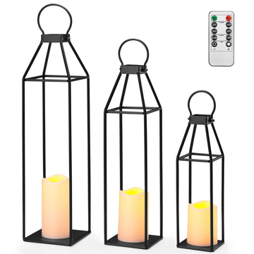 Set of 3 Black Metal Lanterns w/ Waterproof Flickering Flameless Candle & Remote Timer, Modern Farmhouse Lanterns