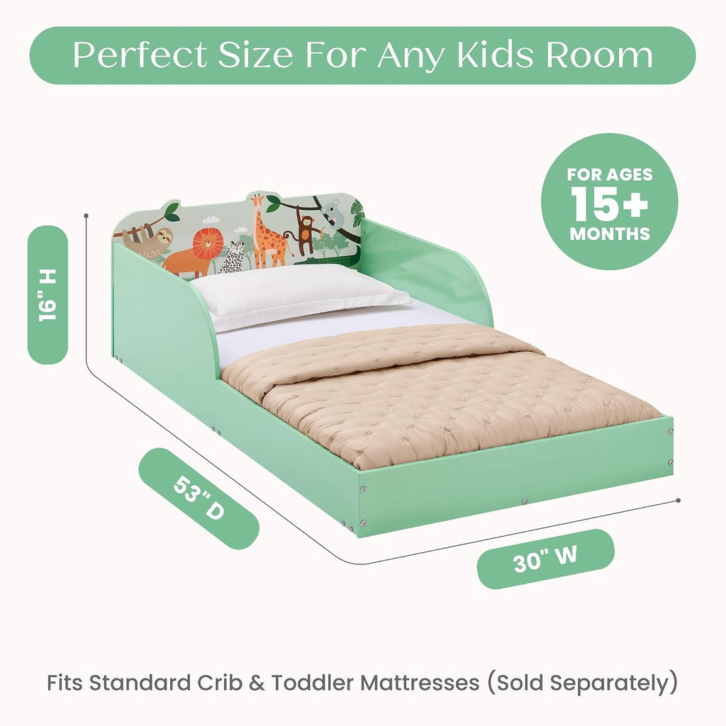 Safari Wood Floor Toddler Bed with Reusable Stickers, Green