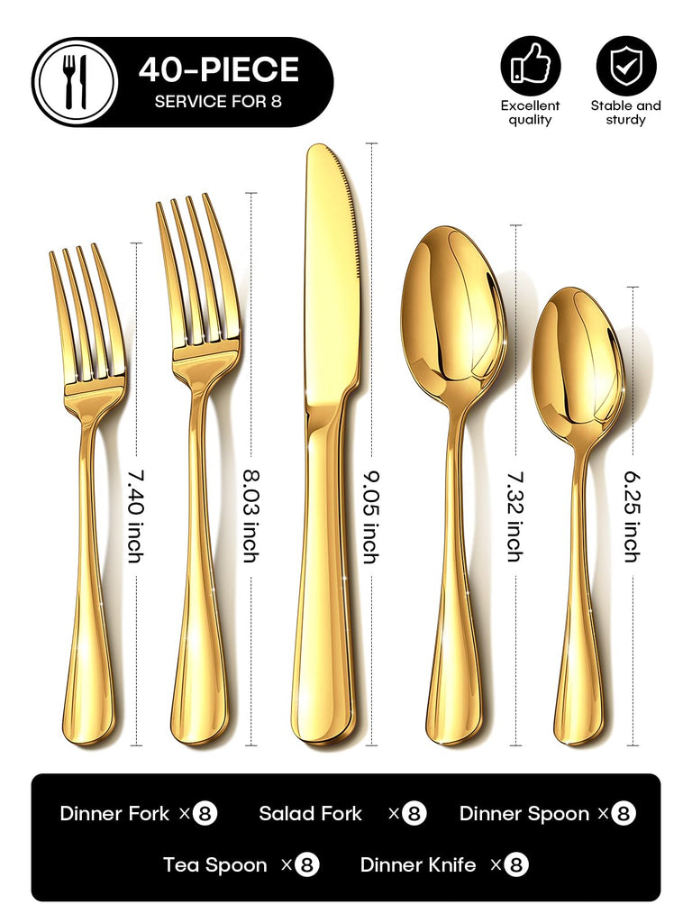 Gold Silverware Set for 8, 40 Piece Food-Grade Stainless Steel Flatware Set, Rust-proof Mirror Polished Cutlery