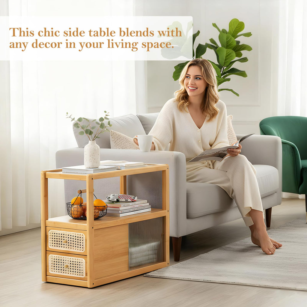 Rattan Nightstand, Bamboo with Glass Top & Storage, Wood