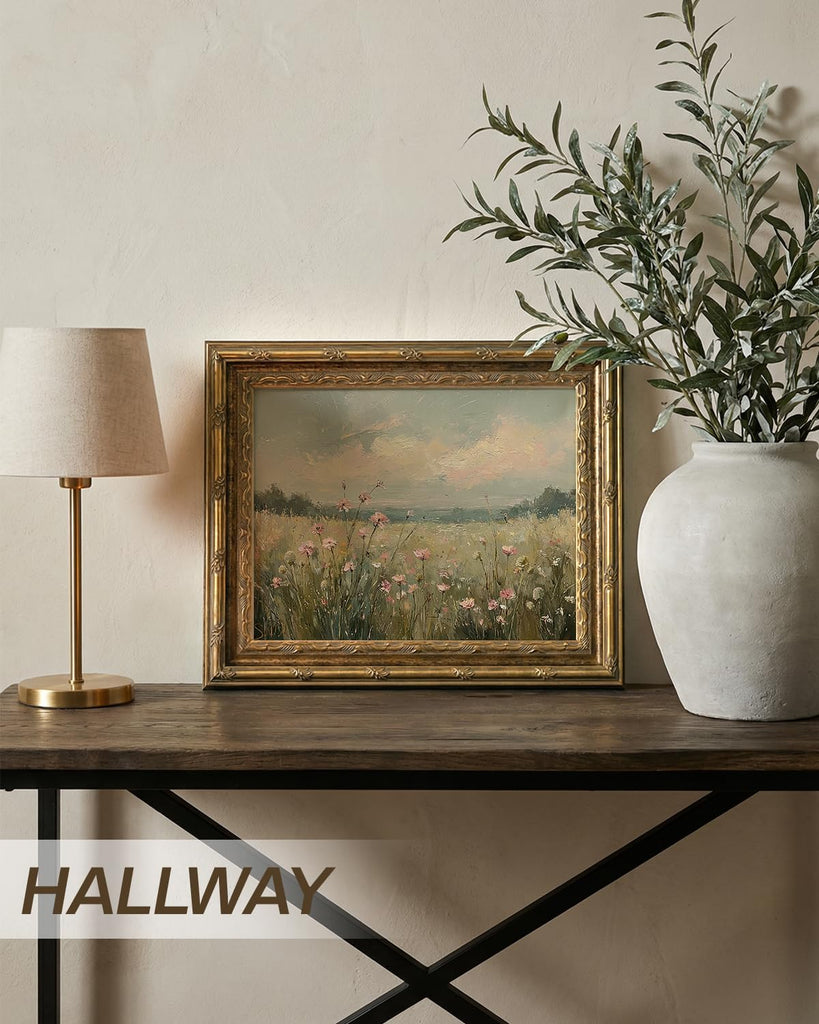 Gold Framed Landscape Wall Art, Wildflower Filed Canvas Print