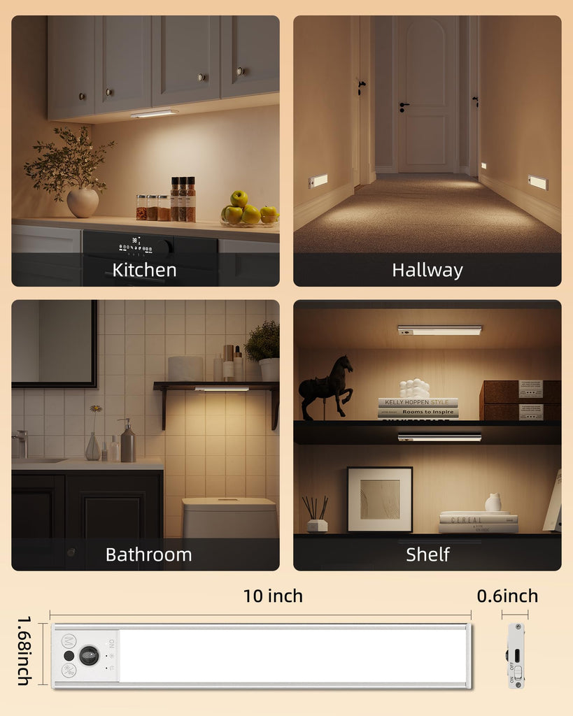 10inch Under Cabinet Lighting, 2 Pack 2400mAh Rechargeable Wireless Motion Sensor Lights Indoor, 3 Color Temps