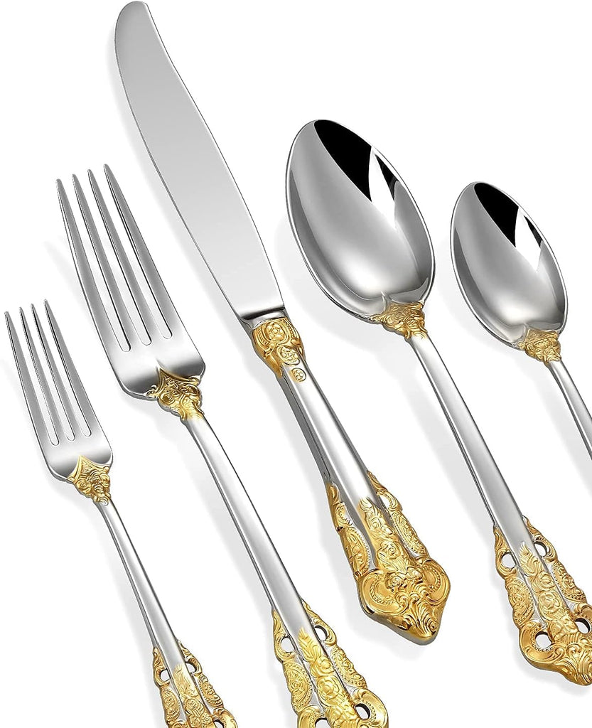 Luxury 20 Pieces 18/10 Stainless Steel Flatware set, Service for 4, silver plated with gold accents