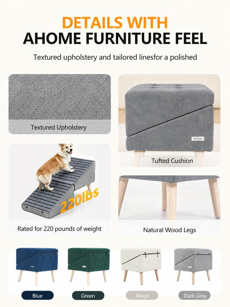 Dog Ramp Ottoman with Storage for Small Dogs, Dog Stairs for Couch