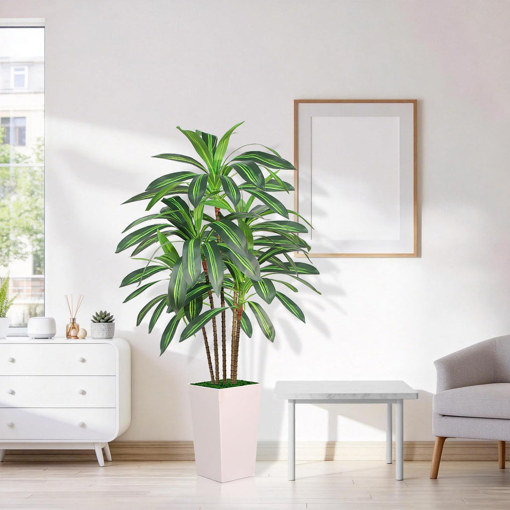 Artificial Dracaena Tree 5FT with White Tall Planter, Realistic Faux Tropical Plant with Lifelike Green Leaves
