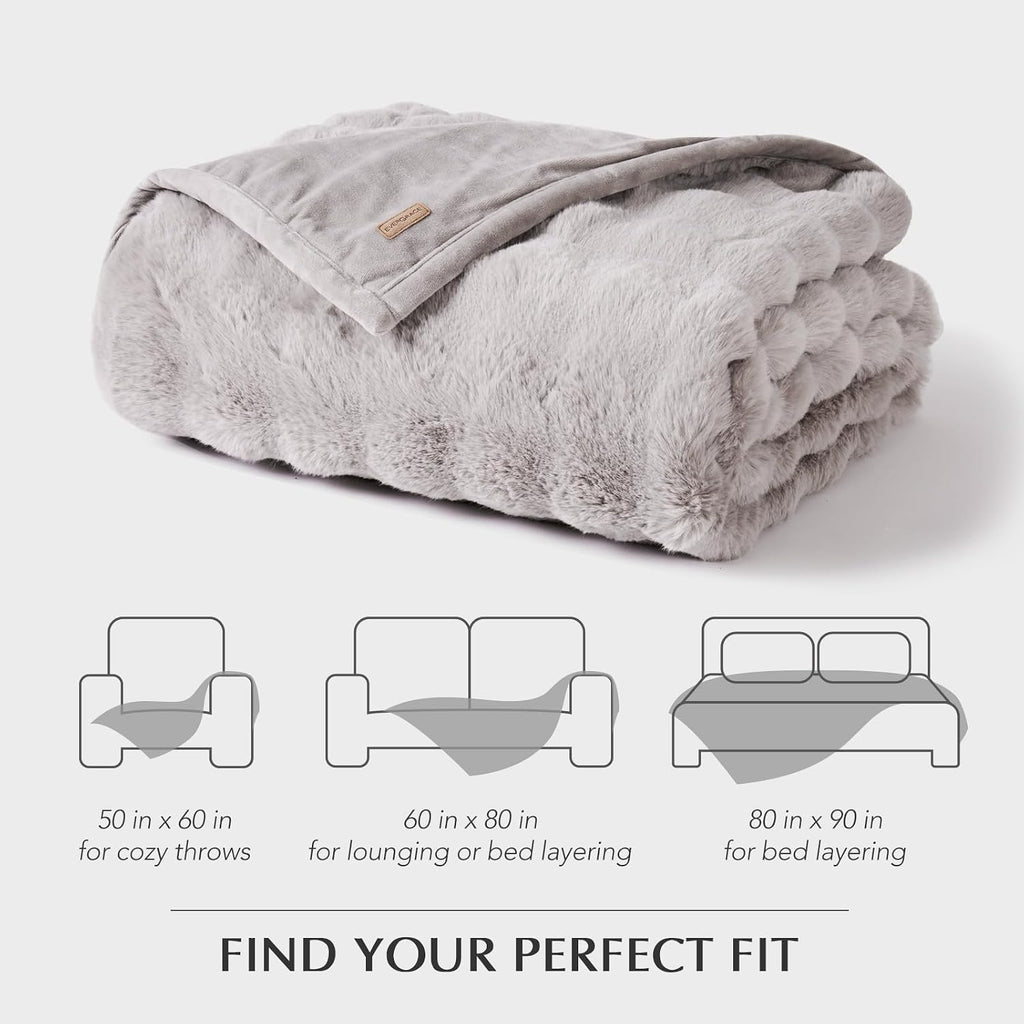 Faux Rabbit Fur Bubble Throw Blanket, 60"x80", Taupe | Ultra Soft, Luxury Faux Rabbit Fur Throw, Thick Warm Bubble