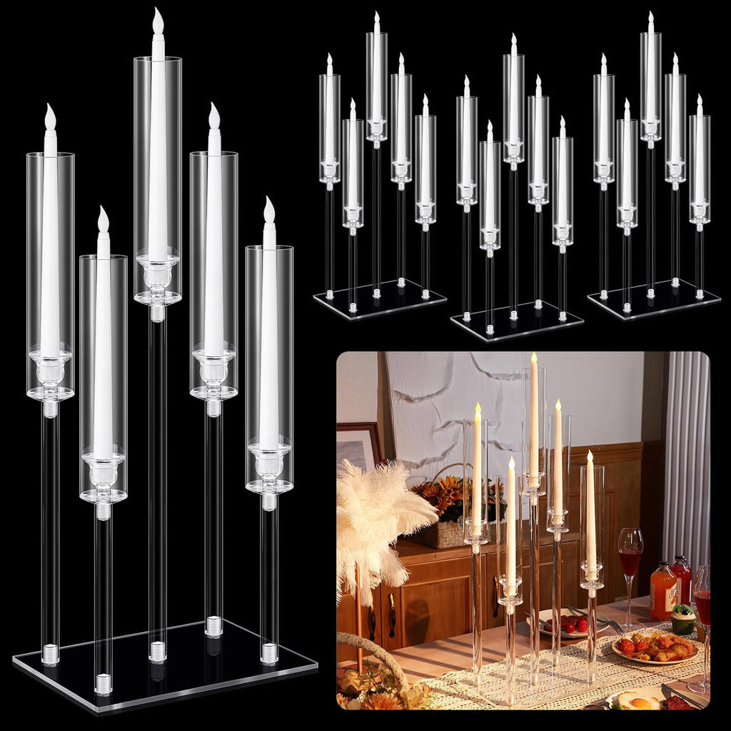 4 Set 5 Arms Acrylic Candelabras Centerpieces with 20 Pcs LED Candles Clear Candle Holder Crystal Taper Candlestick
