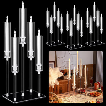 4 Set 5 Arms Acrylic Candelabras Centerpieces with 20 Pcs LED Candles Clear Candle Holder Crystal Taper Candlestick