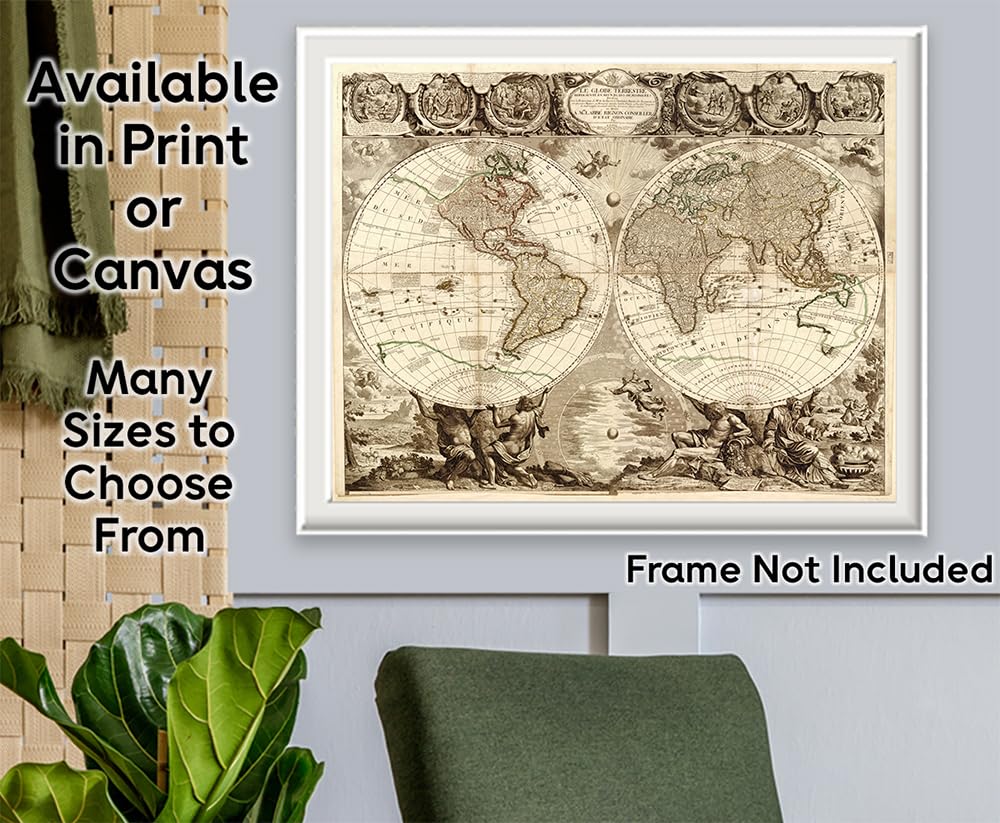 Le Globe Terrestre 28x36 Stretched Canvas Poster - Ready to Hang Vintage Double Hemisphere World Map Reproduction