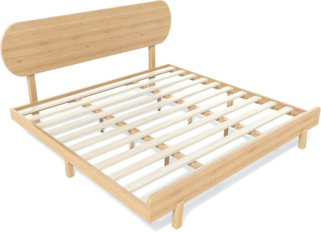 King Size Bed Frame with Headboard & Low Footboard, Bamboo King Bed Frame and Headboard with Wood Slats Support