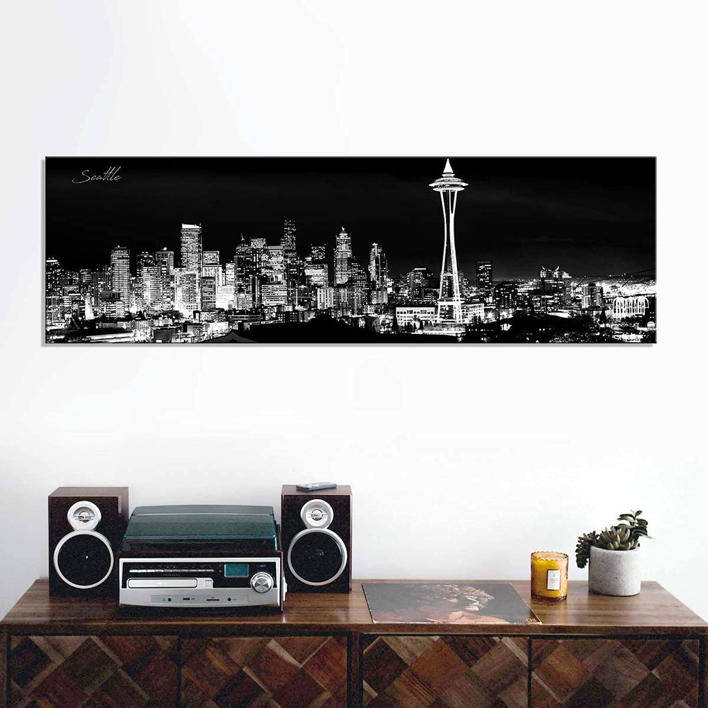 Seattle Skyline Wall Black and White Washington Cityscape Picture Space Needle Panoramic Artwork Urban Building