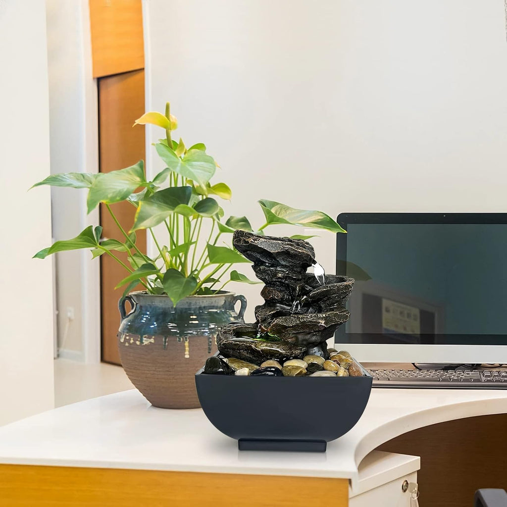 Tabletop Fountain Indoor Waterfall Rock Fountain, Meditation Fountain with Color LED Light, Waterfall Feature Decor