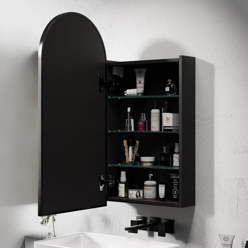 Arched Medicine Cabinet with Mirror, Arched Mirror Cabinet | Black Metal Edge,Medicine Cabinet Surface Mount