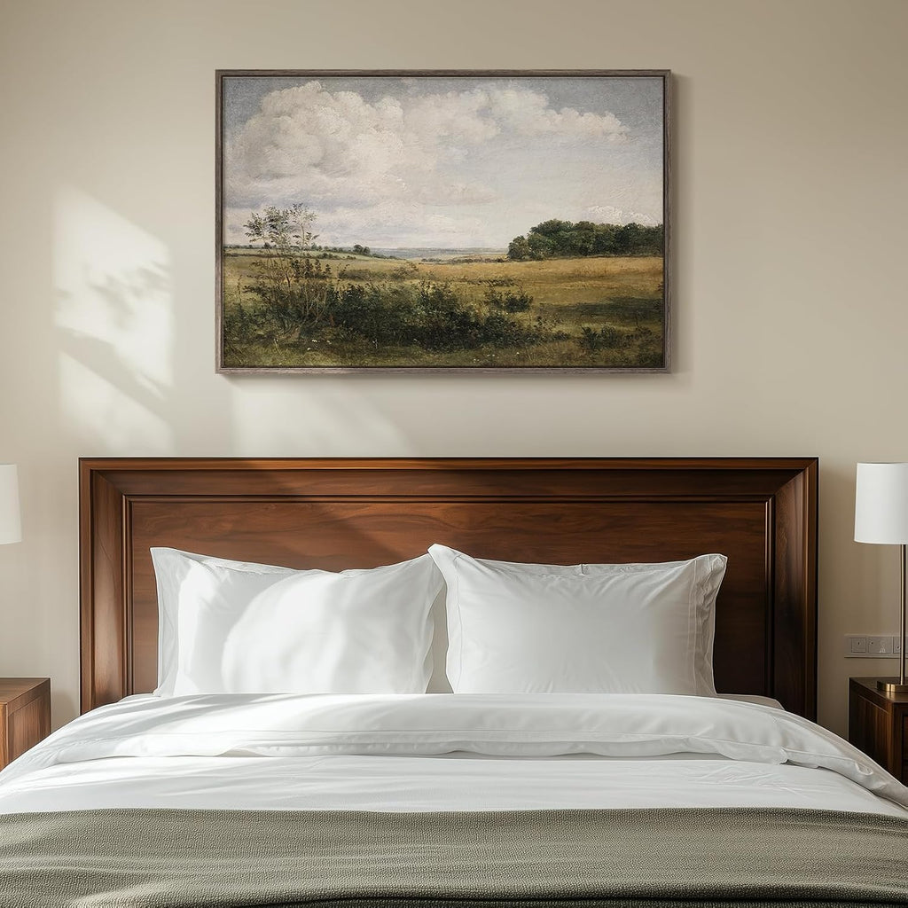 Framed Landscape Wall Art , Vintage Farmhouse Countryside Artwork for Walls, Large Retro Rustic Nature Canvas