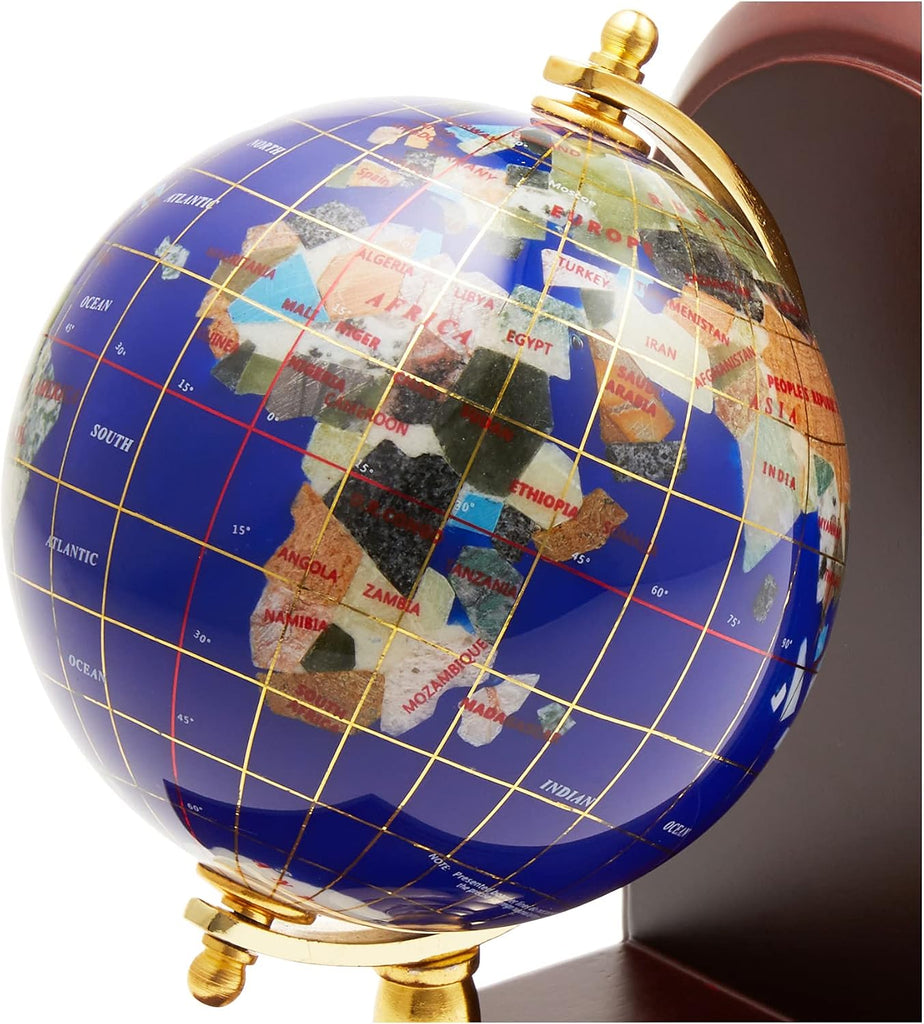Art 7-Inch Tall Pair of Blue Lapis Ocean Gemstone World Globe Bookends