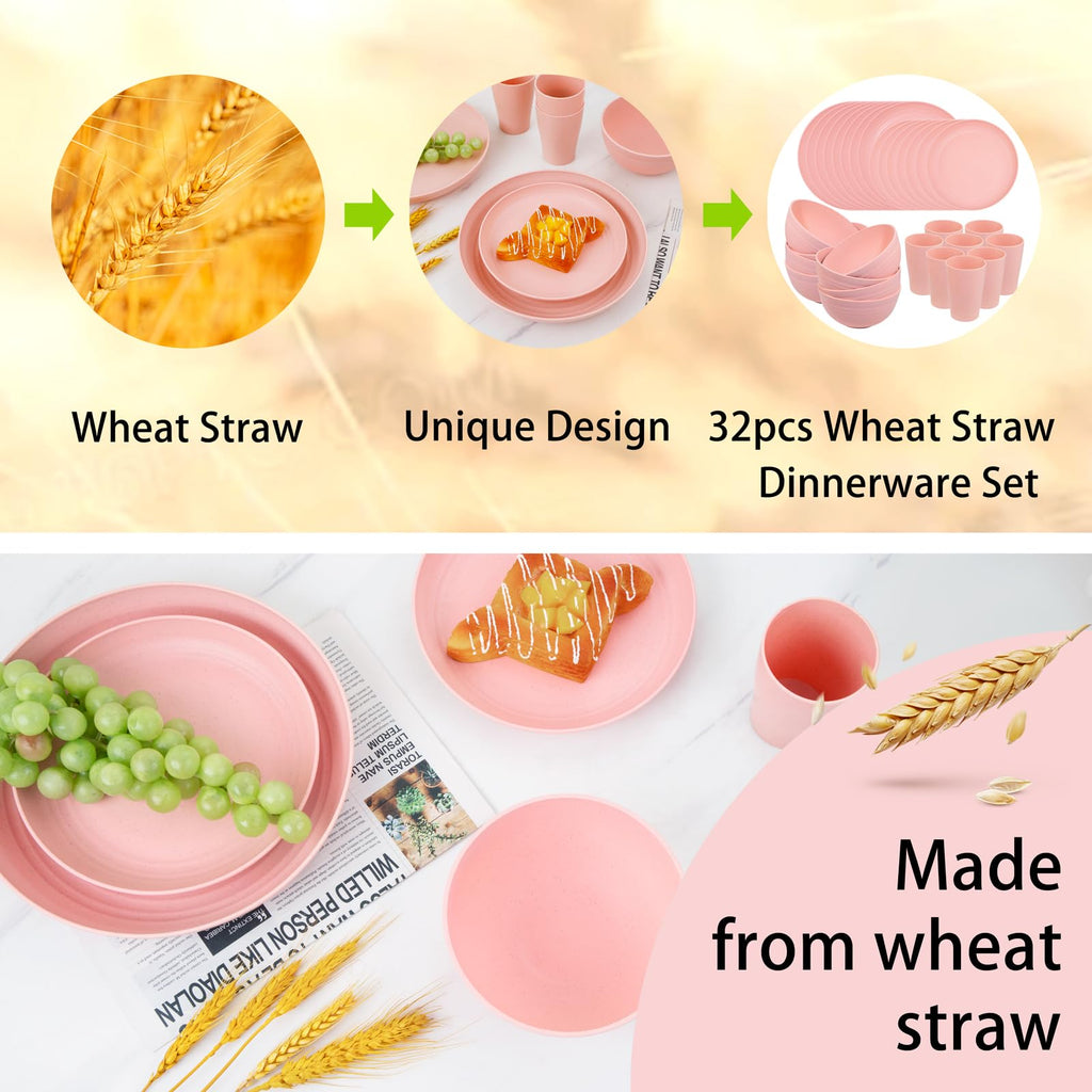 32Pcs Pink Plates and Bowls Sets for 8, Unbreakable Dinnerware