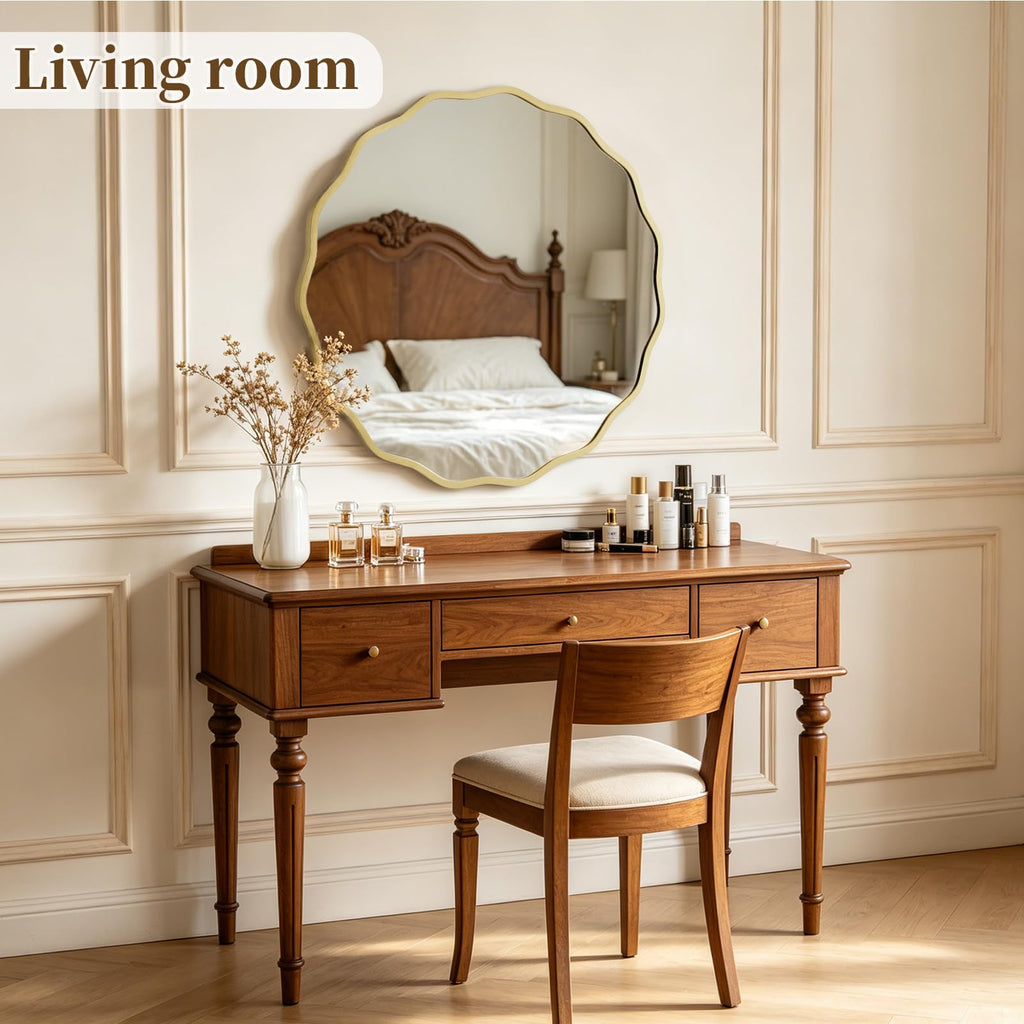 28" Wavy Round Wall Mirror, Gold Scalloped Circle Mirror Edge Round with Metal Frame, Modern Decorative