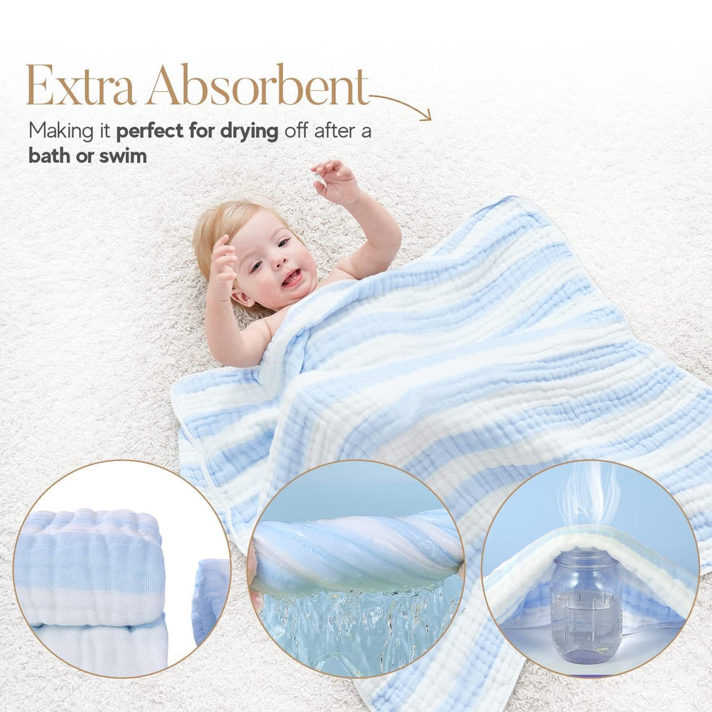 Organic Muslin Hooded Baby Bath Towel 4pc for Newborn - Blue Stripe