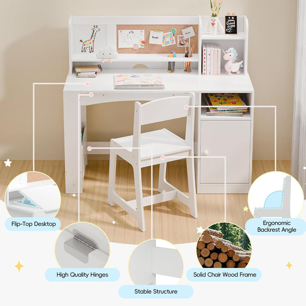 Kids Desk and Chair Set, Wooden Desk for Kids with Tiltable Desktop & Hutch, Kid Desk with Storage Cabinet, Study