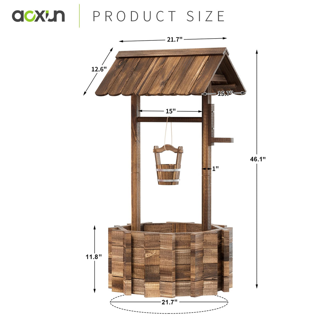 22" Wooden Wishing Well Planters with Hanging Bucket