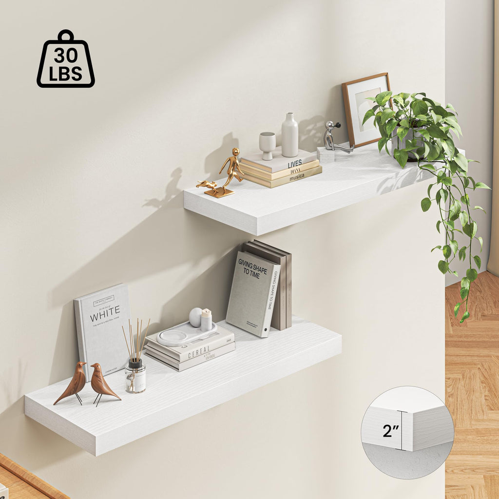 40" Floating Shelves for Wall, 12" Deep Thicker White Floating Shelves, Wall-Mounted Shelves - Set of 2